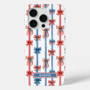 Patriotic Bows and Stripes Monogrammed iPhone 15 Pro Case
