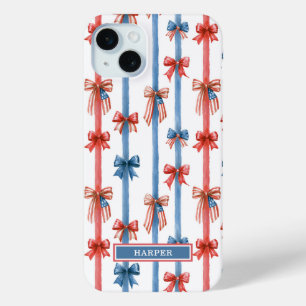 Patriotic Bows and Stripes Monogrammed iPhone 15 Mini Case