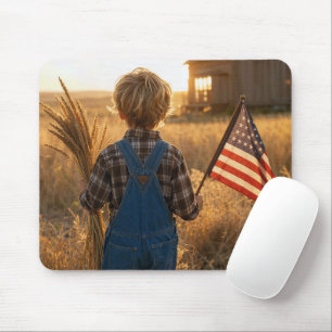 Patriotic Boy with American Flag and Wheat Mouse Pad
