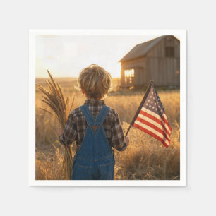 Patriotic Boy with American Flag and Wheat Napkin