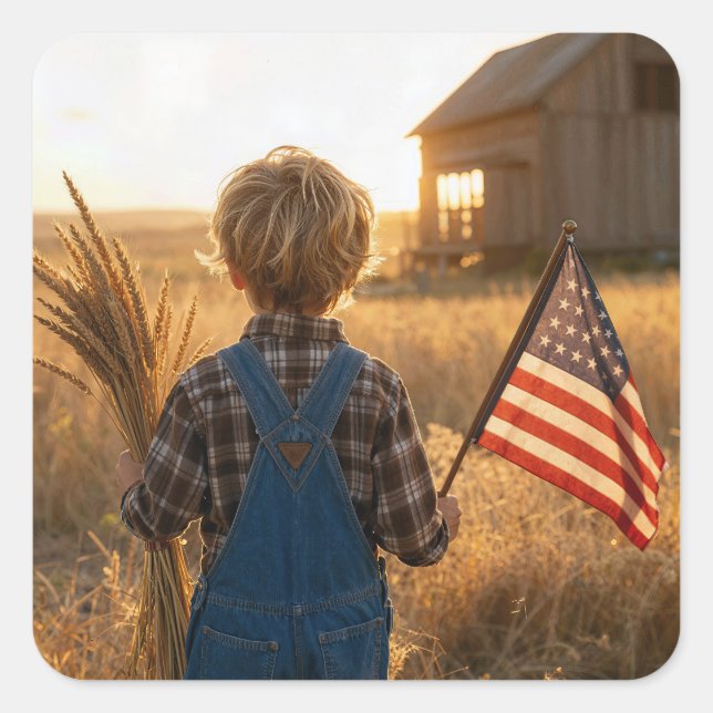 Patriotic Boy with American Flag and Wheat Square Sticker (Front)