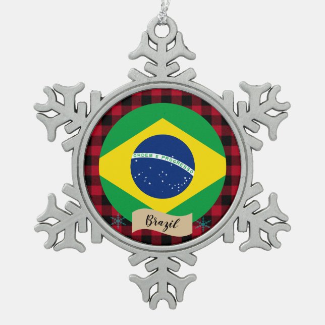 Patriotic Brazil, buffalo plaid, Brazilian Flag Snowflake Pewter Christmas Ornament (Front)