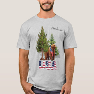 Patriotic Brown Bear In PIne Trees American Flag T-Shirt