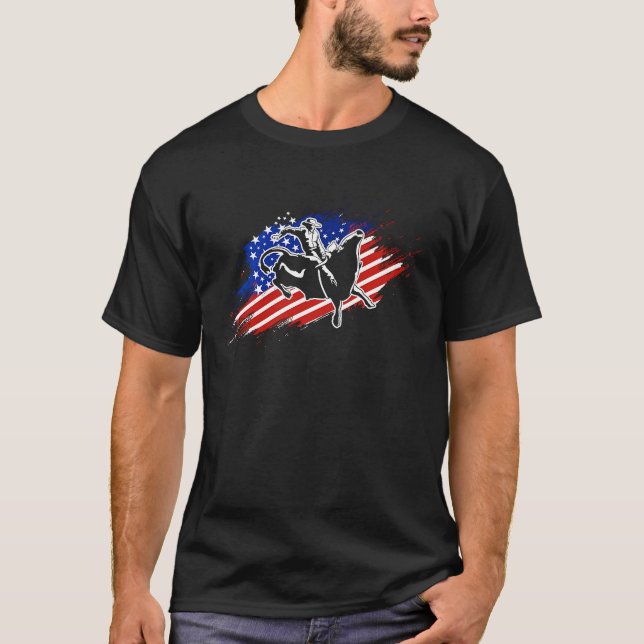 Patriotic Bull Rider Western Rodeo American Flag B T-Shirt (Front)