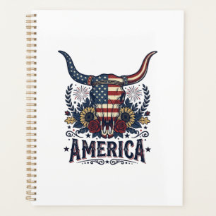 Patriotic Bull Skull America Vintage 4th of July S Planner