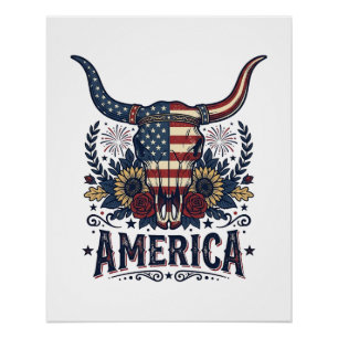 Patriotic Bull Skull America Vintage 4th of July S Poster