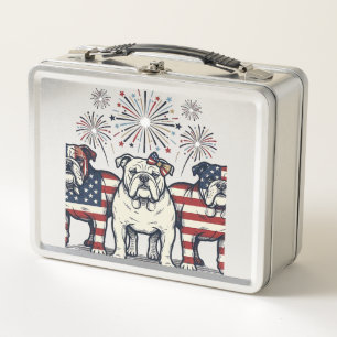 Patriotic Bulldog Fireworks Vintage Engraving Desi Metal Lunch Box