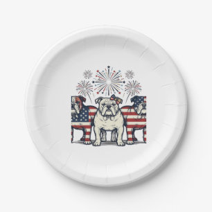 Patriotic Bulldog Fireworks Vintage Engraving Desi Paper Plate