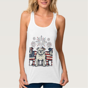 Patriotic Bulldog Fireworks Vintage Engraving Desi Singlet