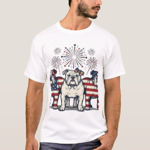 Patriotic Bulldog Fireworks Vintage Engraving Desi T-Shirt
