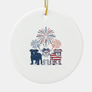 Patriotic Bulldog Fireworks Vintage Vector Design_ Ceramic Tree Decoration