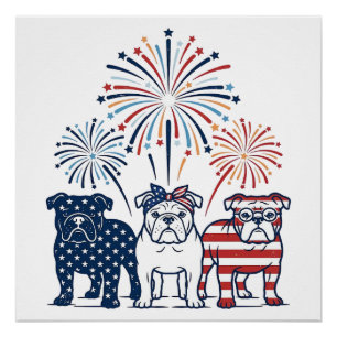 Patriotic Bulldog Fireworks Vintage Vector Design_ Poster