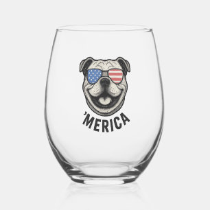 Patriotic Bulldog 'MERICA � USA Flag Sunglasses De Stemless Wine Glass