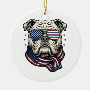 Patriotic Bulldog Vintage Engraving Shirt Design_1 Ceramic Tree Decoration