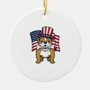 Patriotic Bulldog With Flag Vector Design_1 Ceramic Tree Decoration