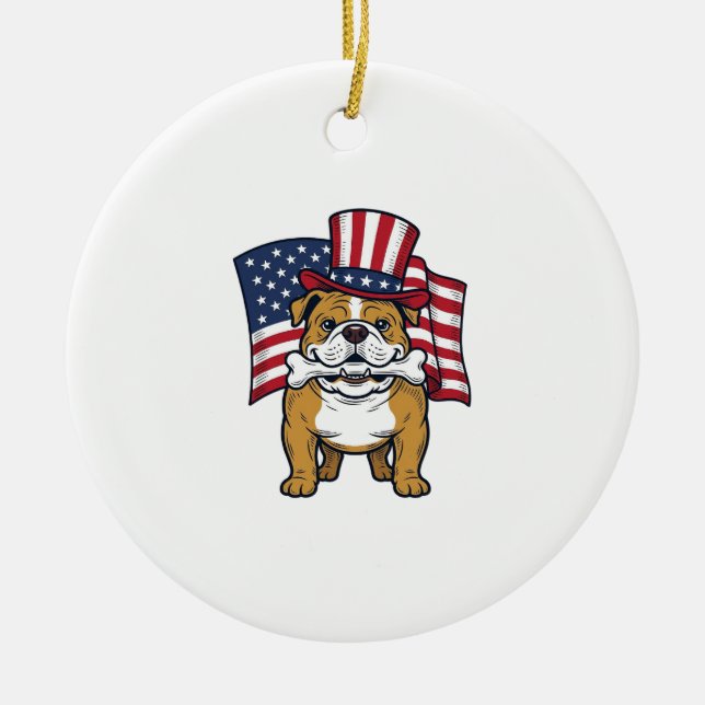 Patriotic Bulldog With Flag Vector Design_1 Ceramic Tree Decoration (Front)