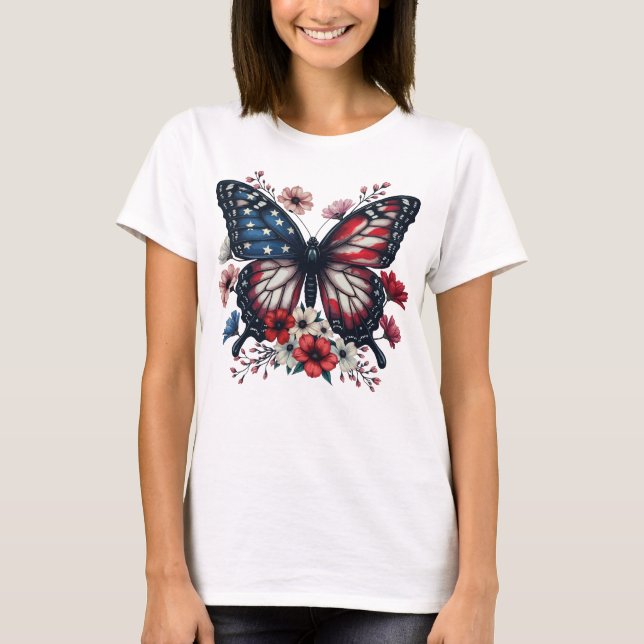 Patriotic Butterfly 4th of July Floral  USA Flag T-Shirt (Front)