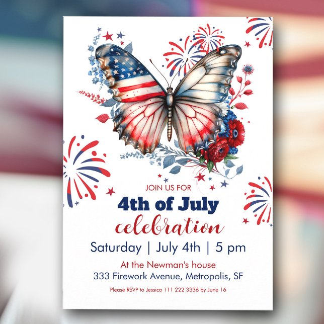 Patriotic Butterfly & Fireworks 4th of July Party Invitation (Patriotic Butterfly & Fireworks 4th of July Party Invitation)