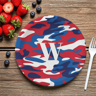 Patriotic Camouflage Monogram Red White Blue Camo Paper Plate