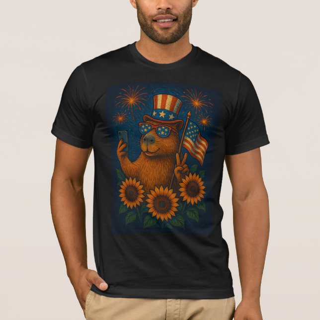 Patriotic Capybara 4th of July Fireworks Funny USA T-Shirt (Front)