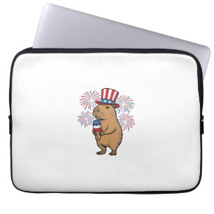 Patriotic Capybara Ice Cream Fireworks Shirt Desig Laptop Sleeve
