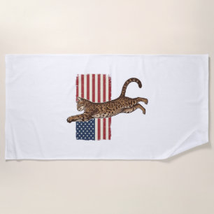 Patriotic Cat American Flag Vintage Vector Design_ Beach Towel