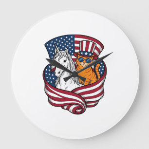 Patriotic Cat and Unicorn Vintage Vector Design_1 Large Clock