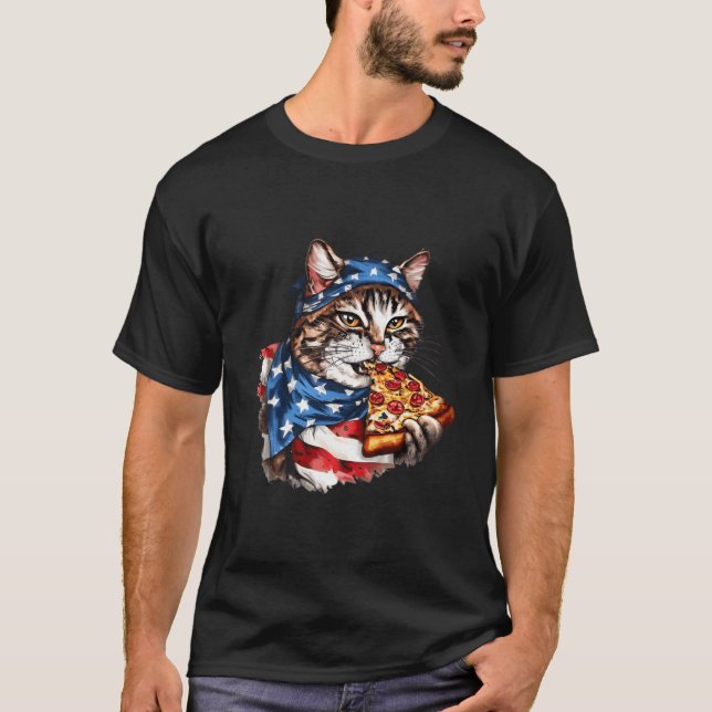 Patriotic Cat Eats Pizza 4Th Of July American Flag T-Shirt (Front)