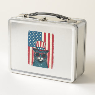 Patriotic Cat Flag Vintage Engraving Shirt Design_ Metal Lunch Box