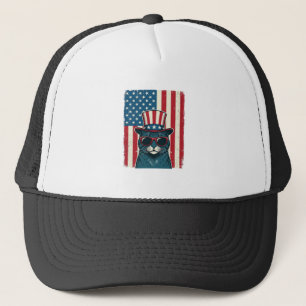 Patriotic Cat Flag Vintage Engraving Shirt Design_ Trucker Hat
