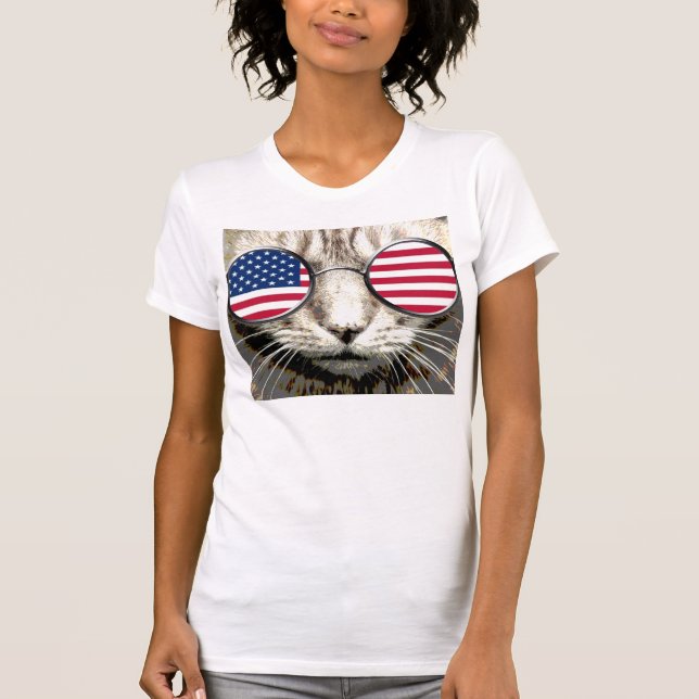 Patriotic Cat Funny T-shirts, American sunglasses T-Shirt (Front)