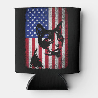Patriotic Cat Lover 4th of July USA American Flag Can Cooler