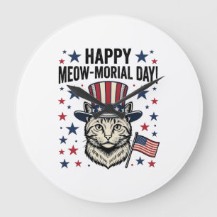 Patriotic Cat Meow-Morial Day Vintage Vector Desig Large Clock