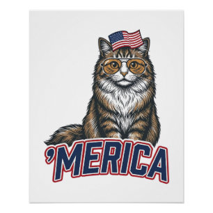 Patriotic Cat Merica Vintage Engraving Shirt Desig Poster