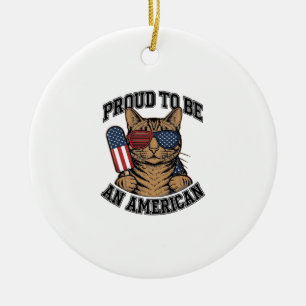 Patriotic Cat Proud to Be American Vintage Vector  Ceramic Tree Decoration