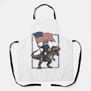 Patriotic Cat Riding Dinosaur Vintage Vector Desig Apron