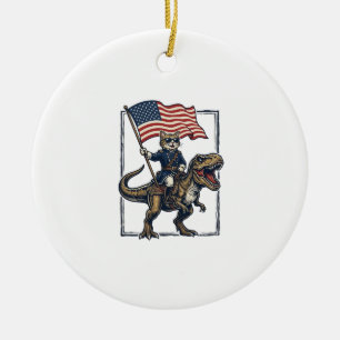 Patriotic Cat Riding Dinosaur Vintage Vector Desig Ceramic Tree Decoration
