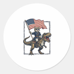 Patriotic Cat Riding Dinosaur Vintage Vector Desig Classic Round Sticker