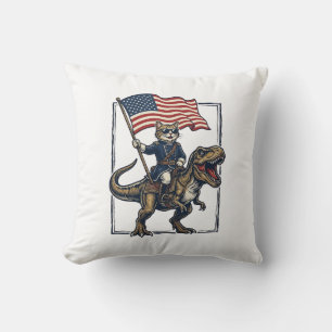 Patriotic Cat Riding Dinosaur Vintage Vector Desig Cushion