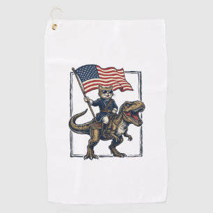 Patriotic Cat Riding Dinosaur Vintage Vector Desig Golf Towel