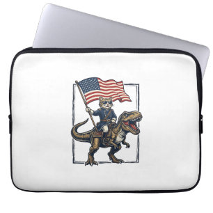 Patriotic Cat Riding Dinosaur Vintage Vector Desig Laptop Sleeve