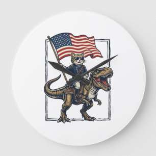 Patriotic Cat Riding Dinosaur Vintage Vector Desig Large Clock