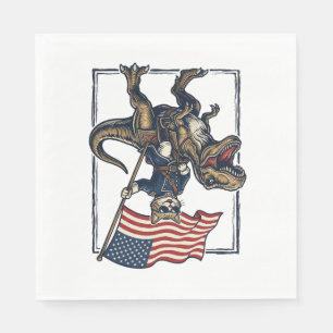 Patriotic Cat Riding Dinosaur Vintage Vector Desig Napkin