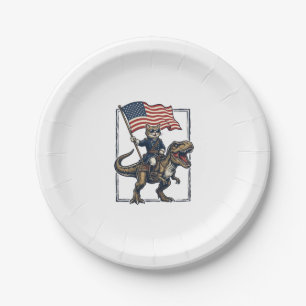 Patriotic Cat Riding Dinosaur Vintage Vector Desig Paper Plate