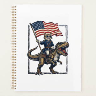 Patriotic Cat Riding Dinosaur Vintage Vector Desig Planner
