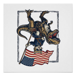 Patriotic Cat Riding Dinosaur Vintage Vector Desig Poster
