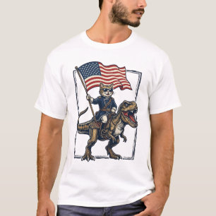 Patriotic Cat Riding Dinosaur Vintage Vector Desig T-Shirt