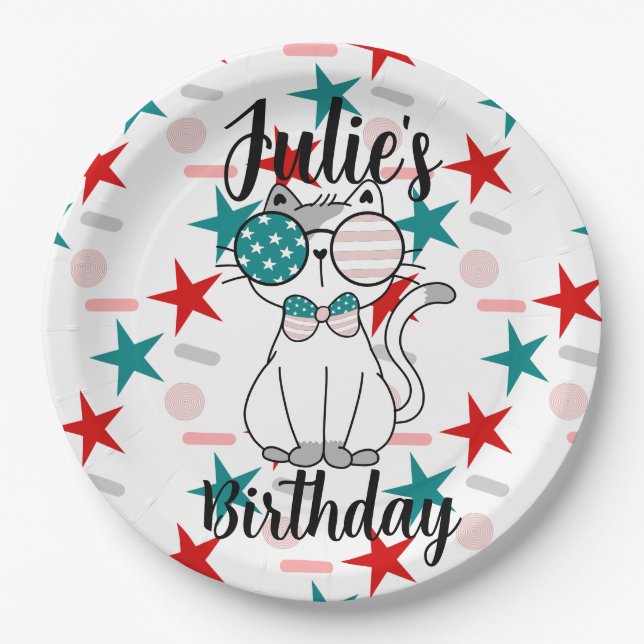 Patriotic Cat Sprinkles and Stars Birthday Party Paper Plate (Front)