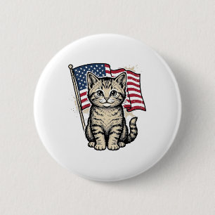 Patriotic Cat with American Flag Vintage Vector De 6 Cm Round Badge