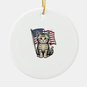Patriotic Cat with American Flag Vintage Vector De Ceramic Tree Decoration